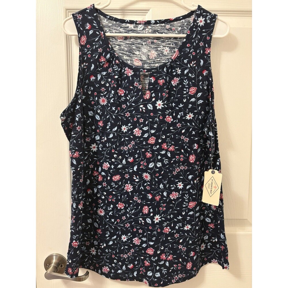 St John’s Bay Womens Navy Blue Ditsy Floral Tank Top Cut Out V Peekaboo XLT Tall